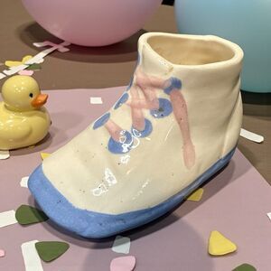1940s Block Pottery California Baby Shoe Planter Antique Blue Trim / Laces